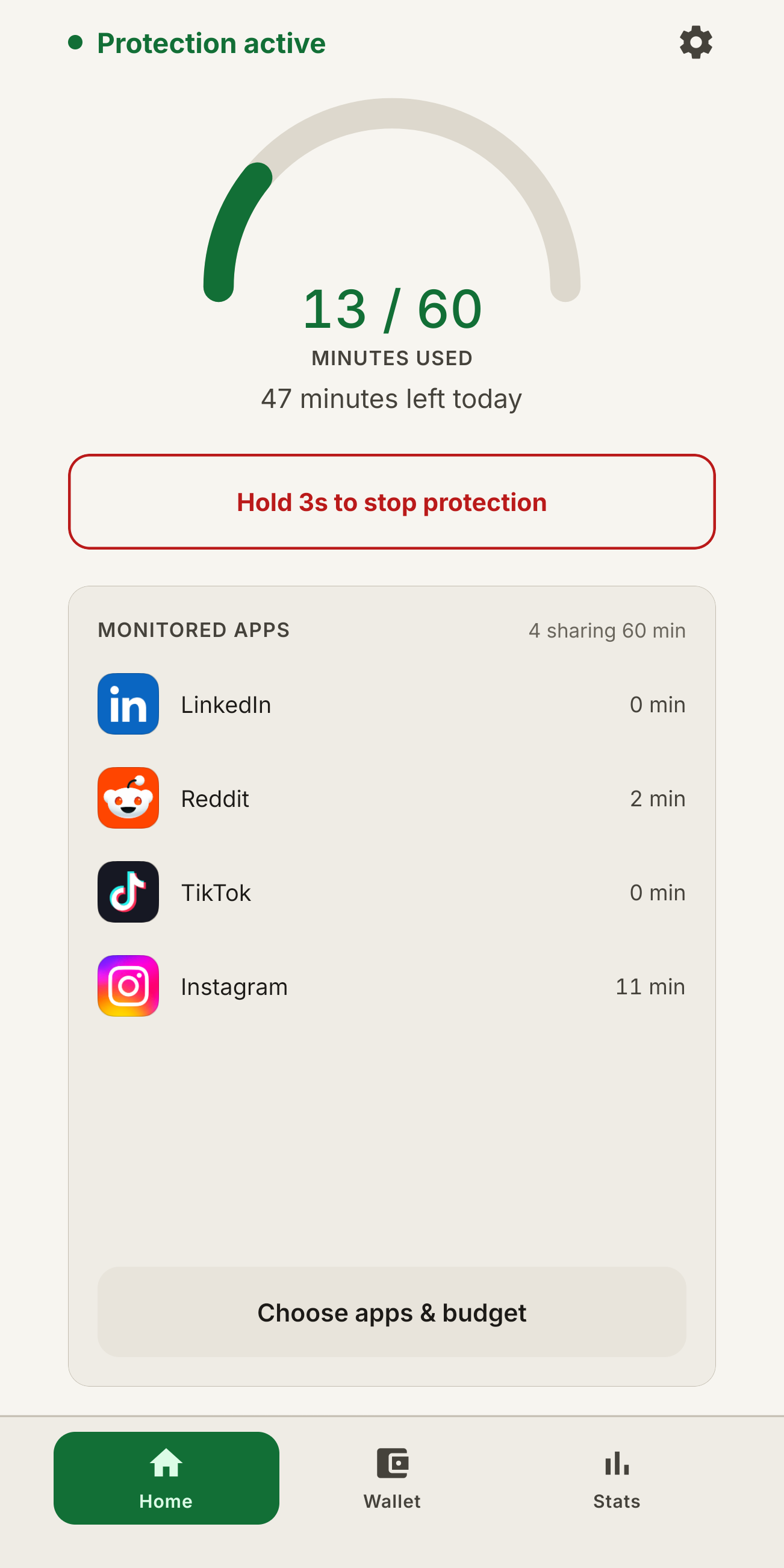 The Last Ferry home screen, light theme. Protection active, a gauge reading 13 of 60 minutes used with 47 minutes left today, and the monitored apps sharing one 60-minute budget.