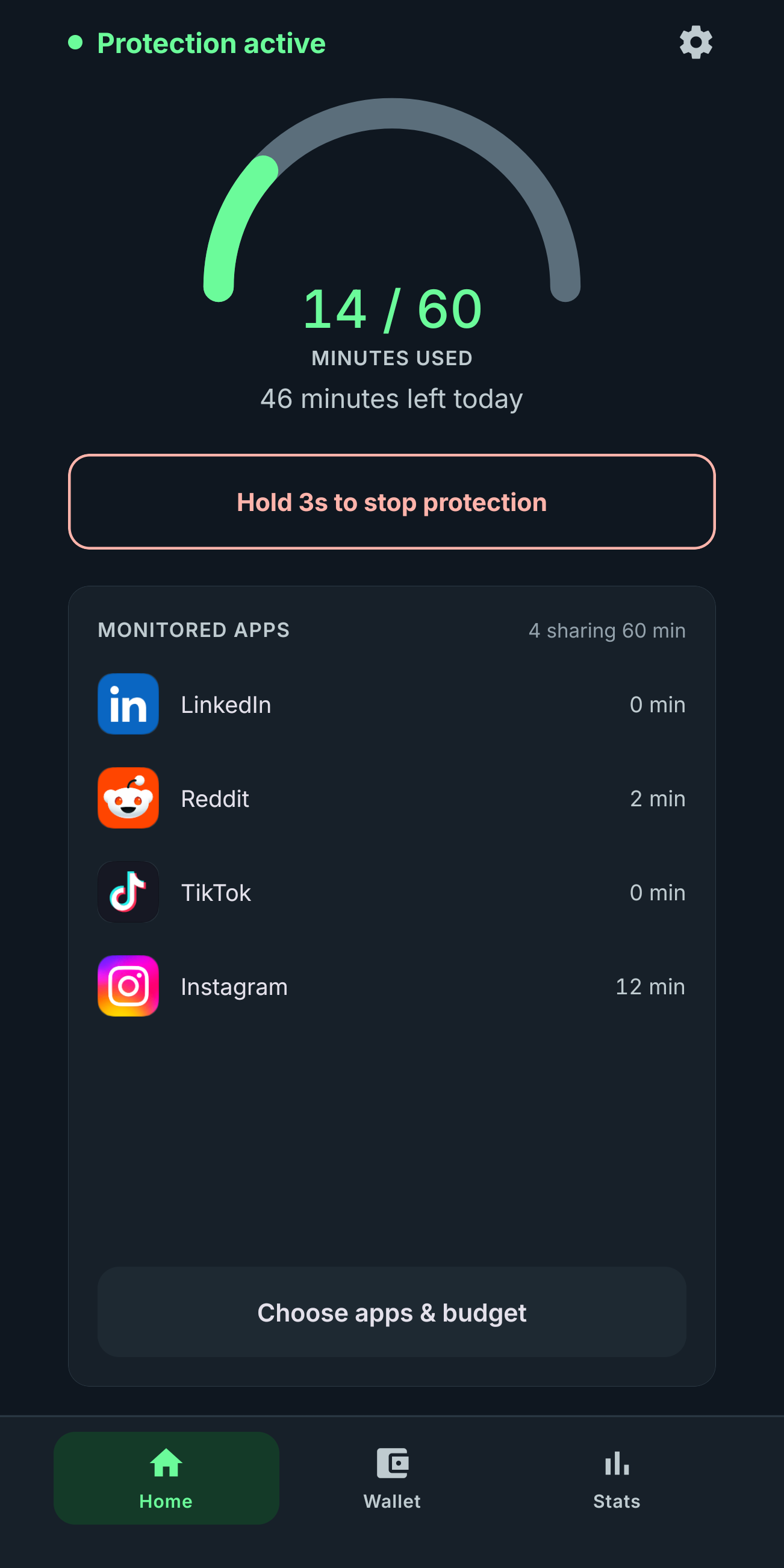 The Last Ferry home screen, dark theme. Protection active, a gauge reading 14 of 60 minutes used with 46 minutes left today, and the monitored apps sharing one 60-minute budget.
